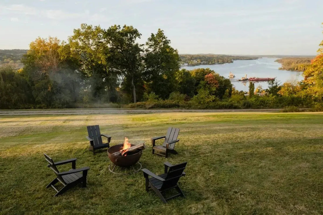 Fire pit with luxury seating at sunset. Caldora Living